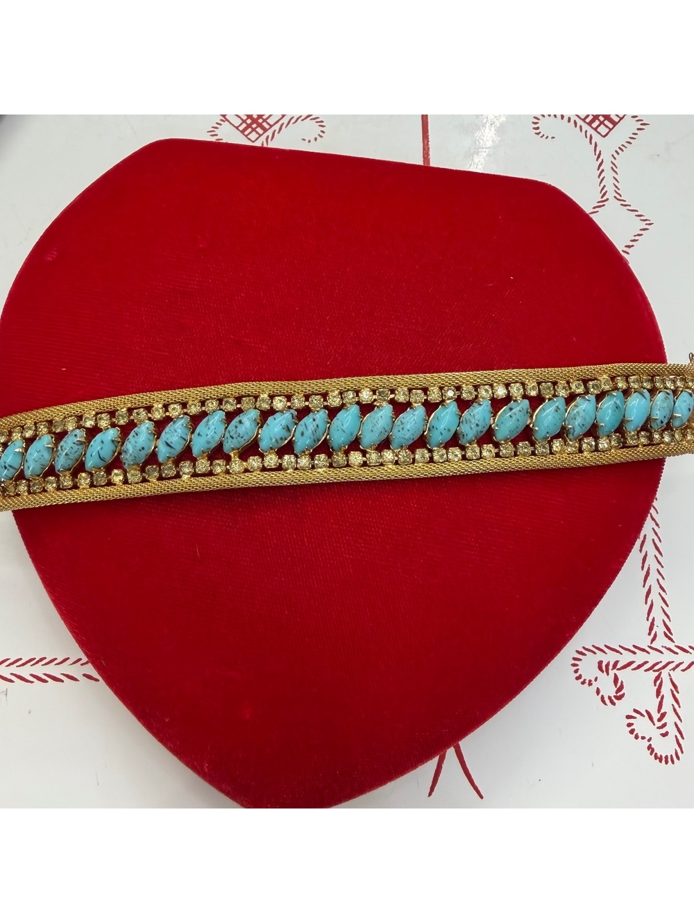 Hobe gold tone turquoise rhinestone bracelet vintage 50s